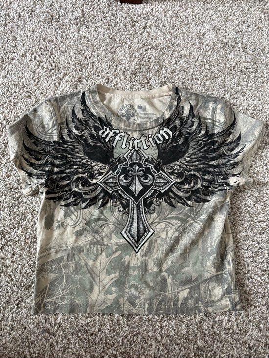 Affliction Tops - Affliction Shirt Womens Medium Ayala Camo Crop T Shirt Wings Cross Baby Tee Y2K